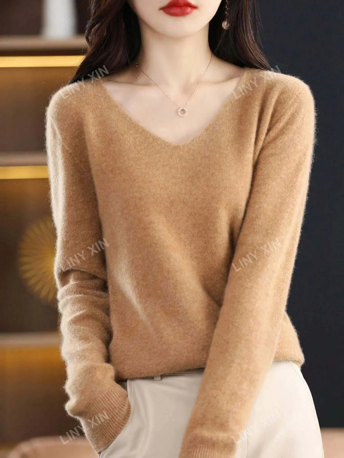 Merino Luxe: V-Neck Seamless Knit Sweater- 100% Merino Wool