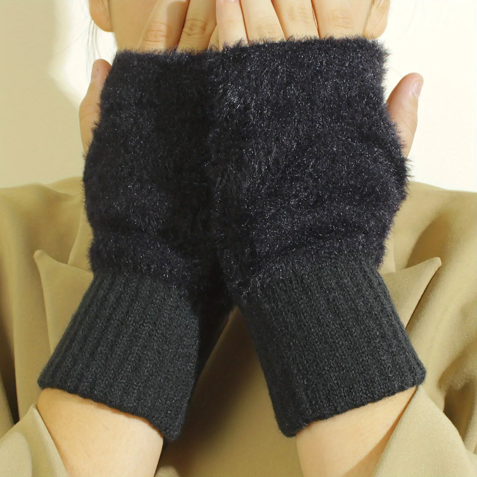 Monochrome Plush Half Finger Gloves Elegant Simple Knitted Cuff Women's Gloves Autumn Winter Coldproof Warmer Gloves