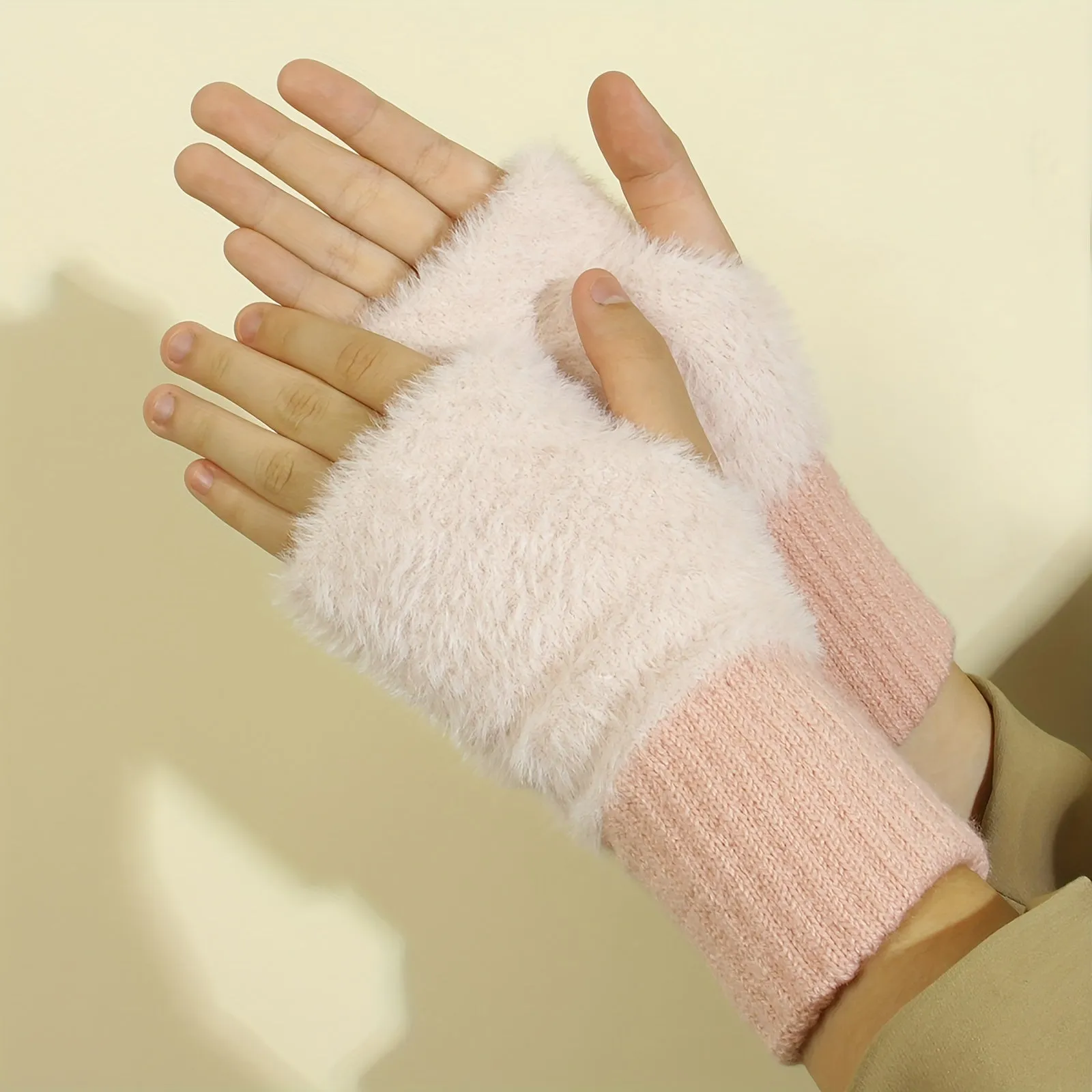 Monochrome Plush Half Finger Gloves Elegant Simple Knitted Cuff Women's Gloves Autumn Winter Coldproof Warmer Gloves