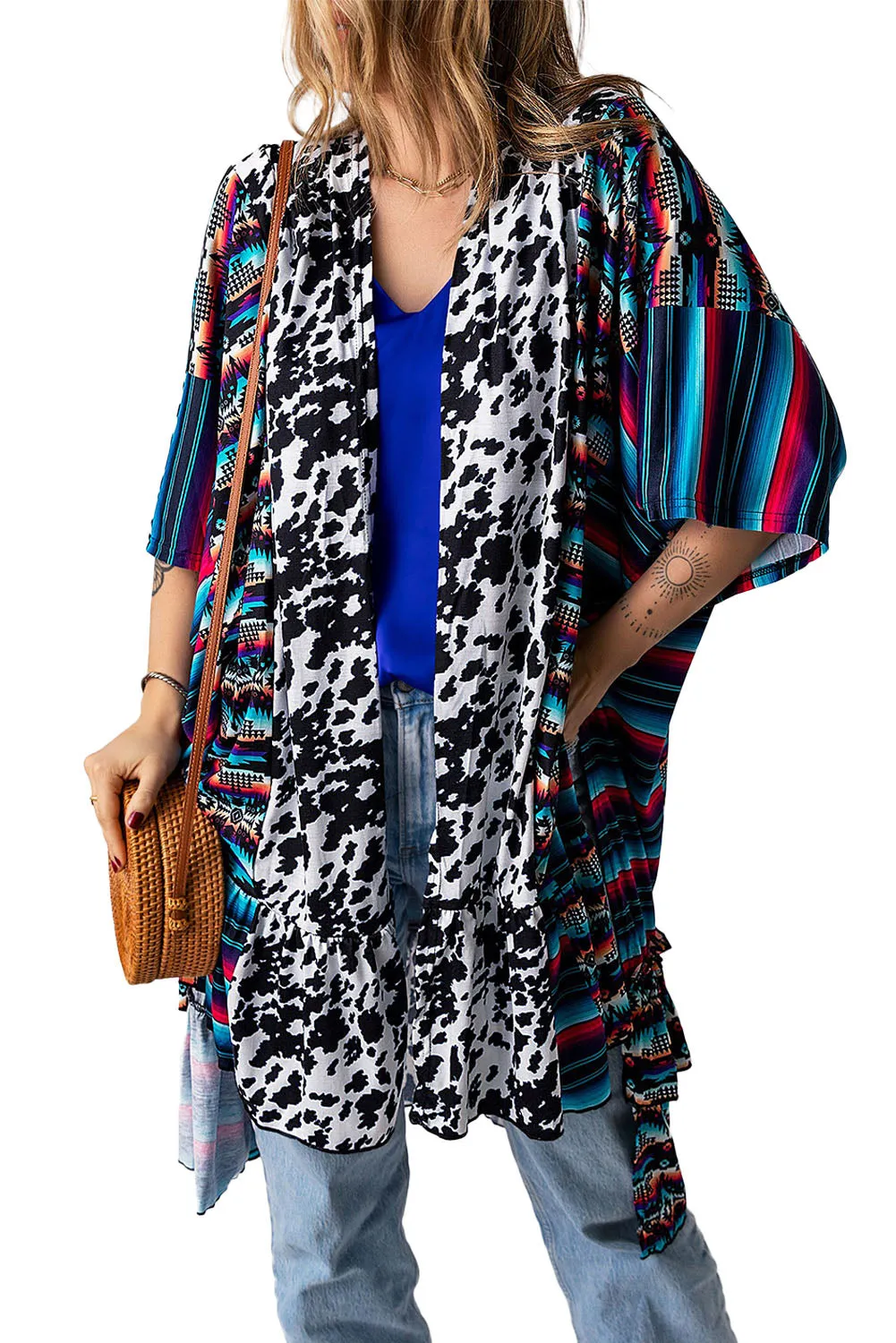 Multicolor Cow Serape Aztec Print Kimono Cardigan