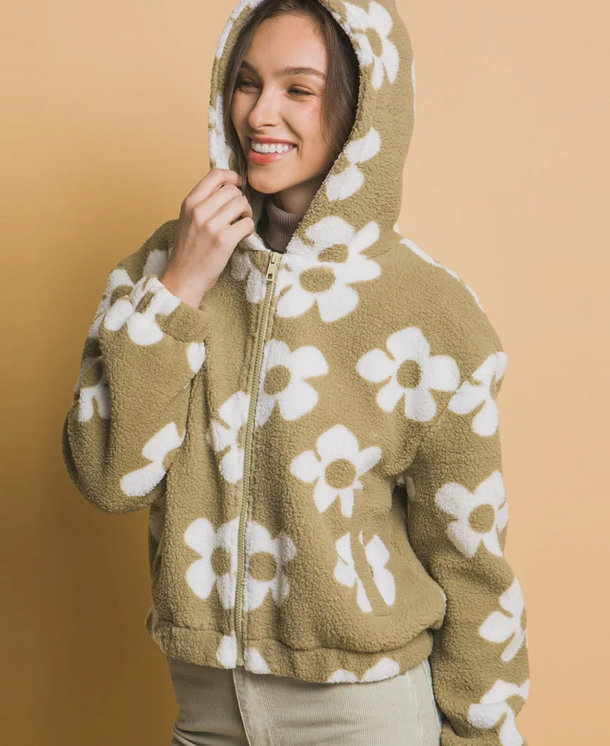 Olive Sherpa Fleece Floral Jacket