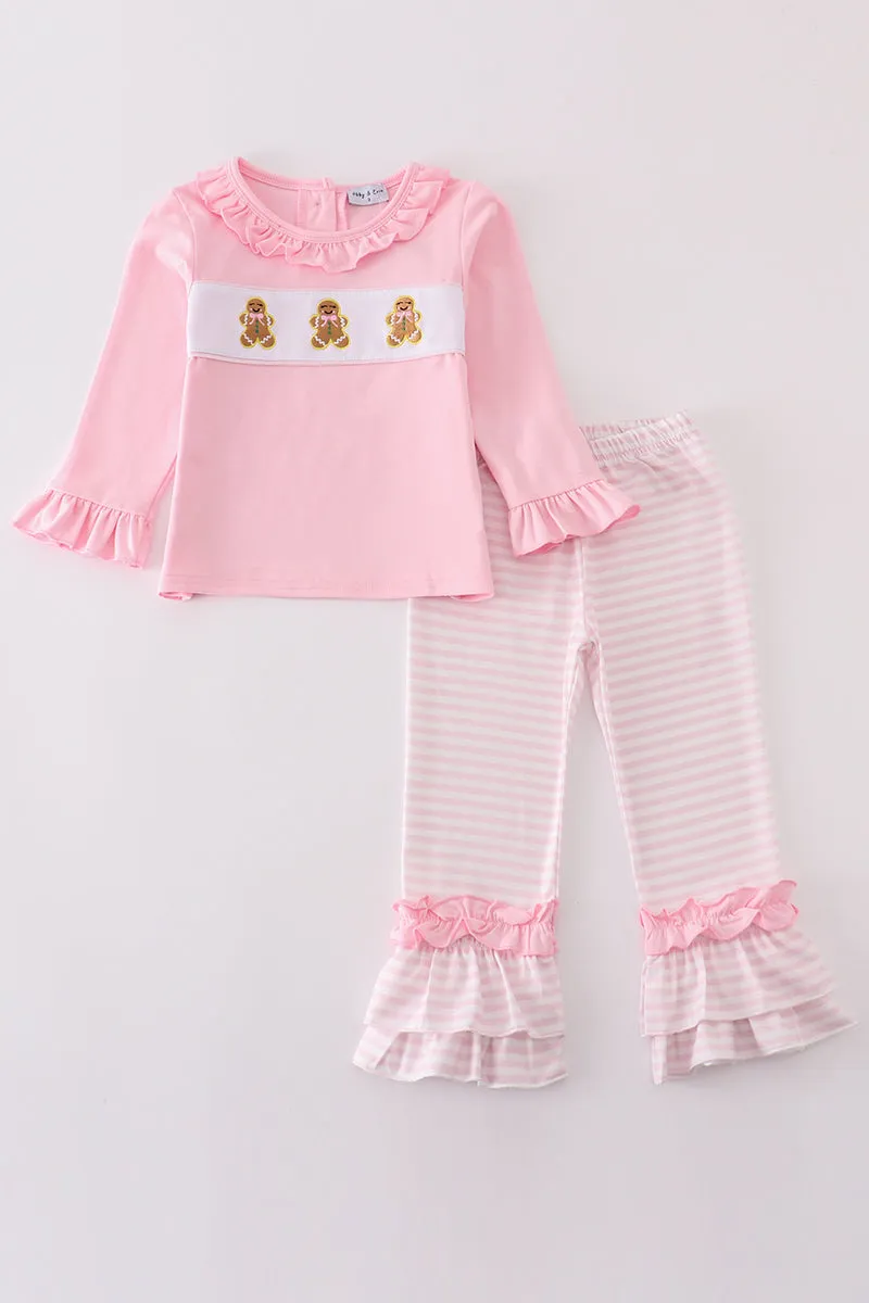 Pink gingerbread embroidery girl pants set