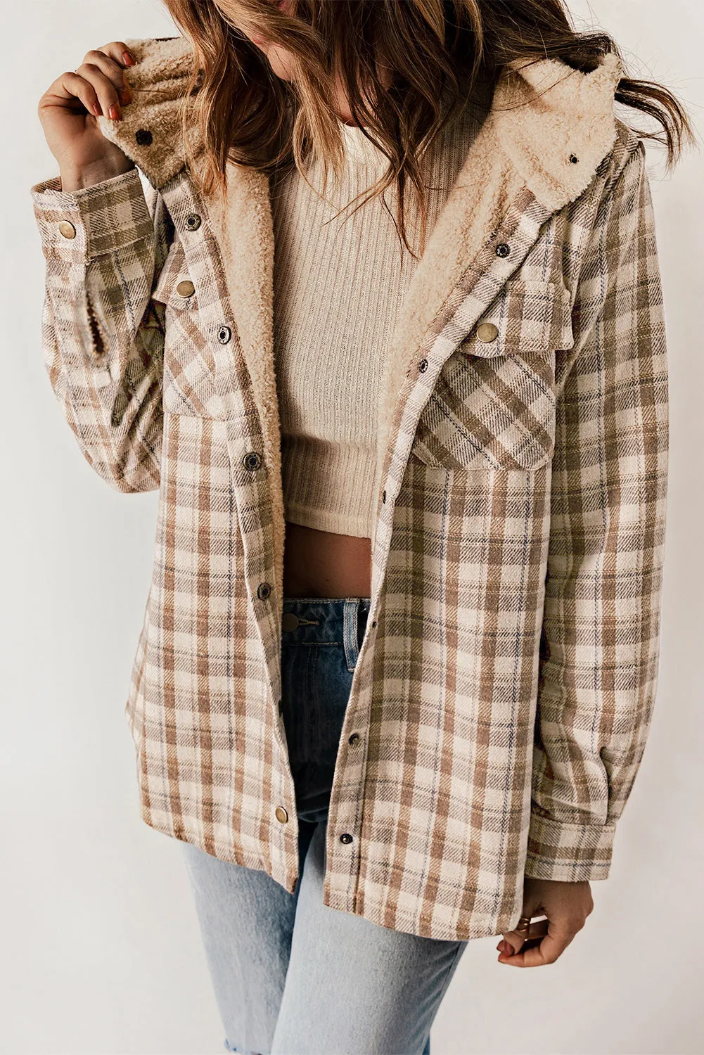 Plaid Pattern Sherpa Lined Hooded Shacket