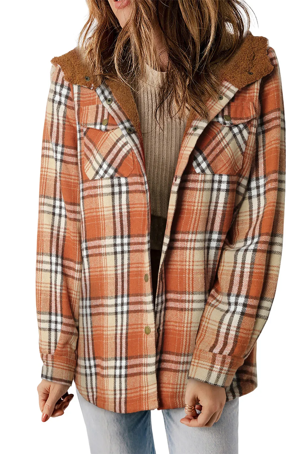 Plaid Pattern Sherpa Lined Hooded Shacket