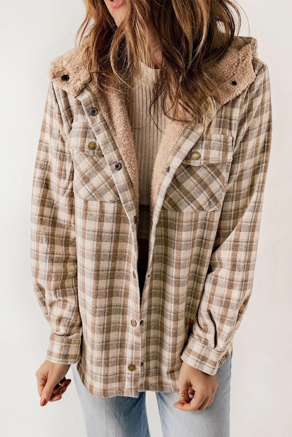 Plaid Pattern Sherpa Lined Hooded Shacket