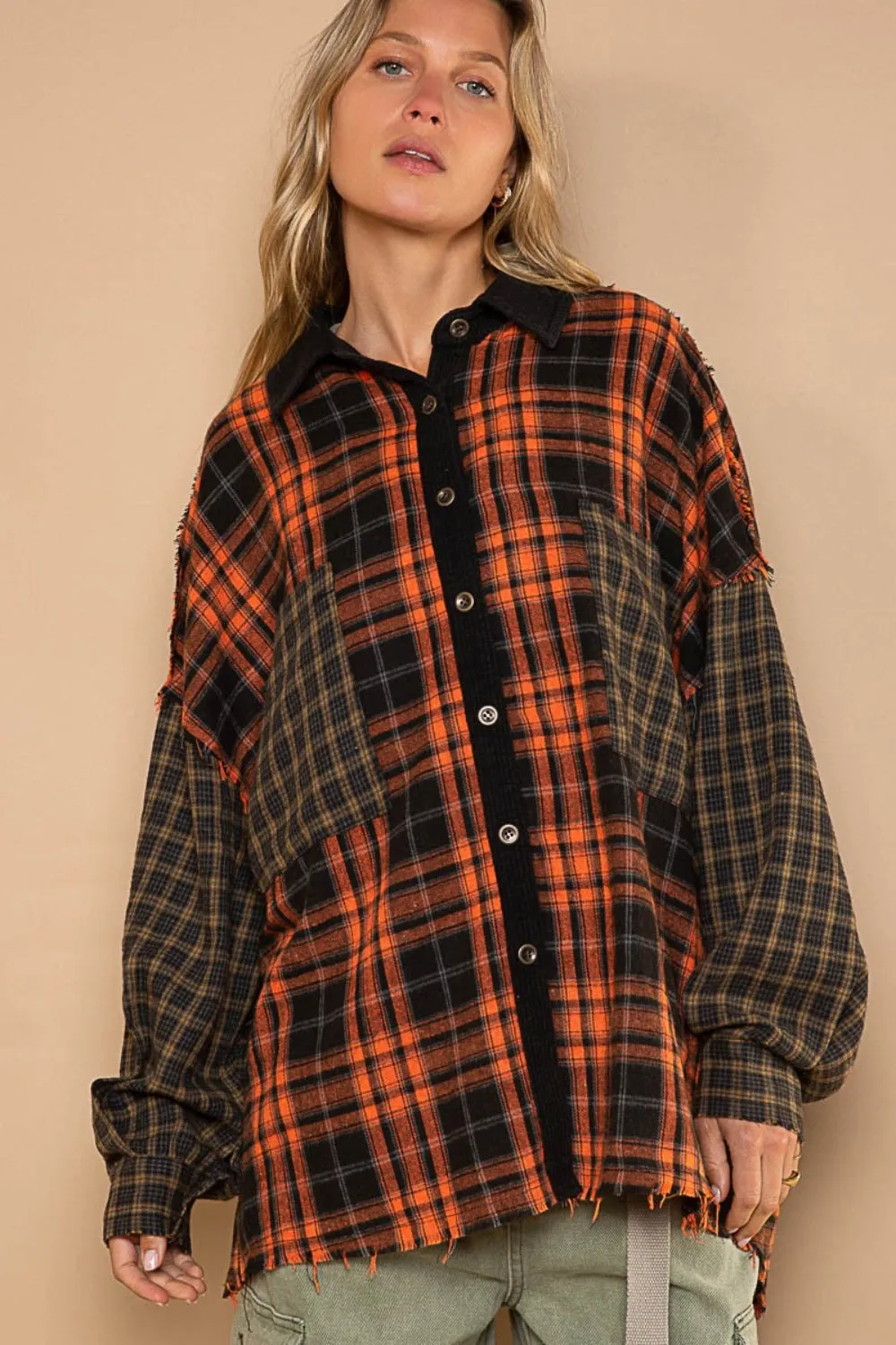 POL Plaid Contrast Long Sleeve Raw Hem Shacket with Chest Pockets