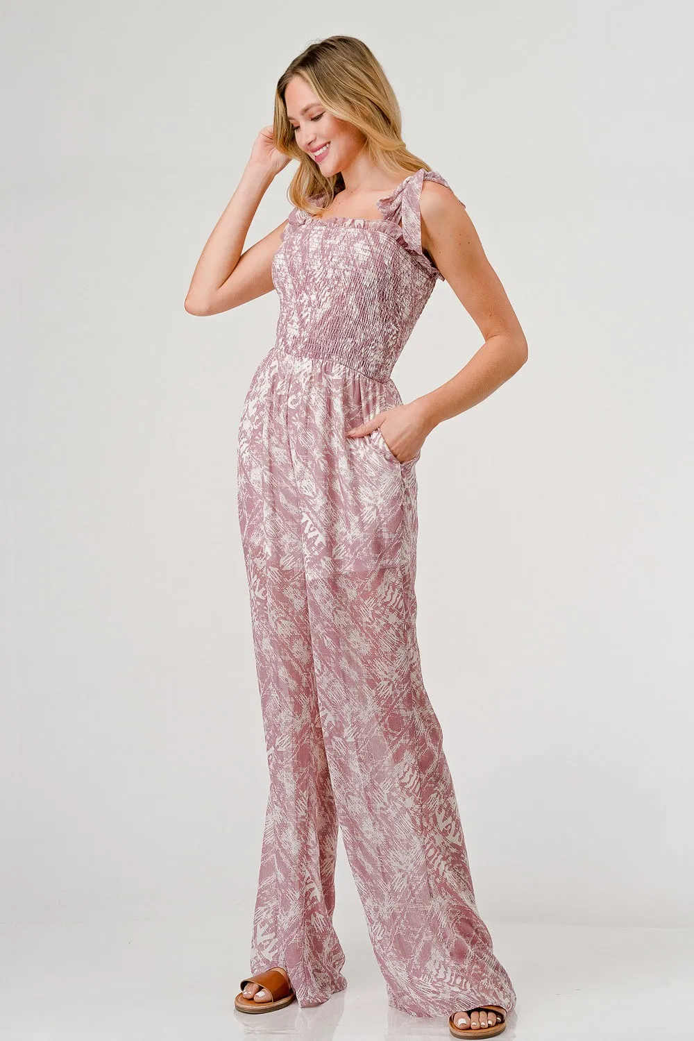 Printed Tie Shoulder Wide Leg Jumpsuit