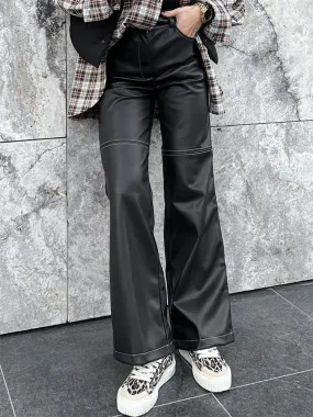 PU Streetwear Autumn Black Waist Long Winter Fashion Slim High Trendy Pants