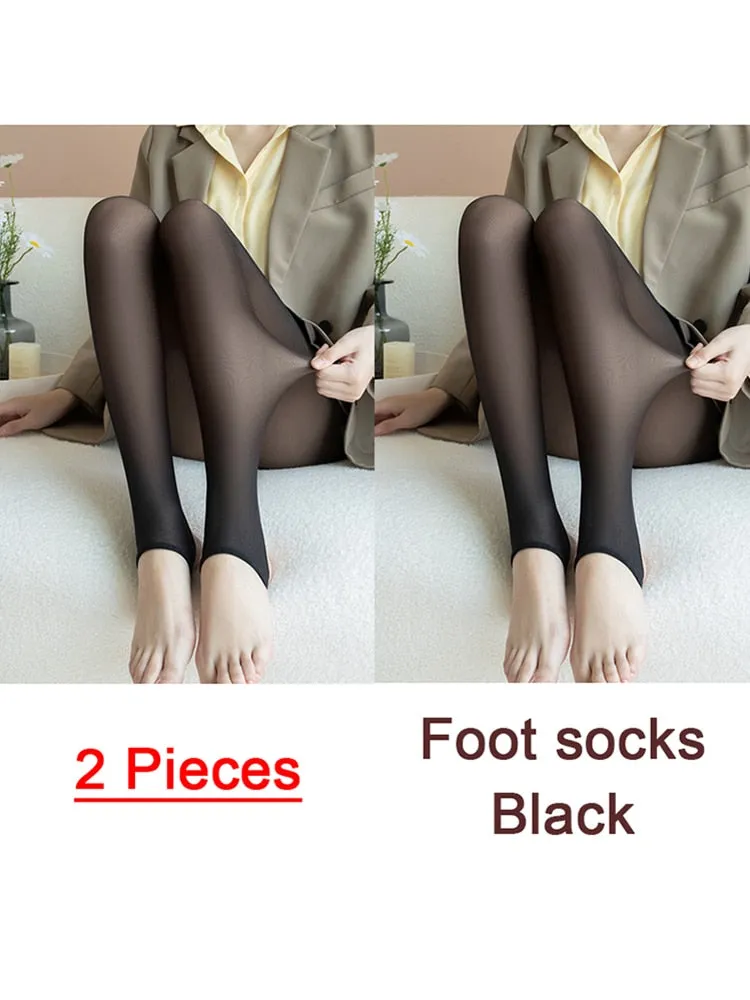 Purpdrank - 1/2pcs Translucent Wool Pants Sock Winter Stocking Fake Pantyhose Women's Thermal Pants Fleece Lined Warm Legging Tights