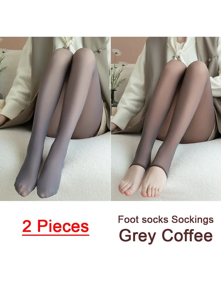 Purpdrank - 1/2pcs Translucent Wool Pants Sock Winter Stocking Fake Pantyhose Women's Thermal Pants Fleece Lined Warm Legging Tights