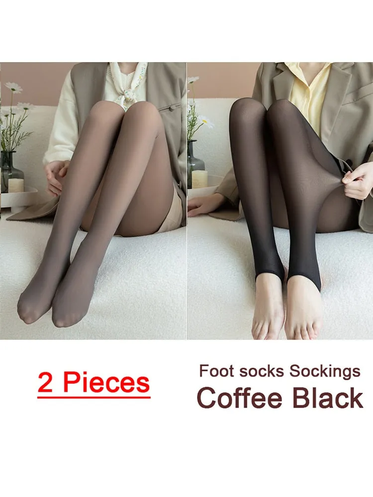 Purpdrank - 1/2pcs Translucent Wool Pants Sock Winter Stocking Fake Pantyhose Women's Thermal Pants Fleece Lined Warm Legging Tights