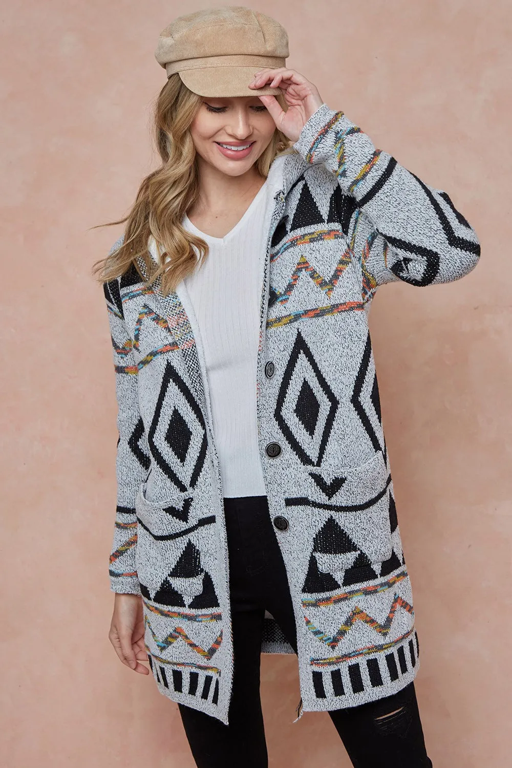 Rainbow Aztec Patterned Hooded Sweater Cardigan with Sherpa Lining