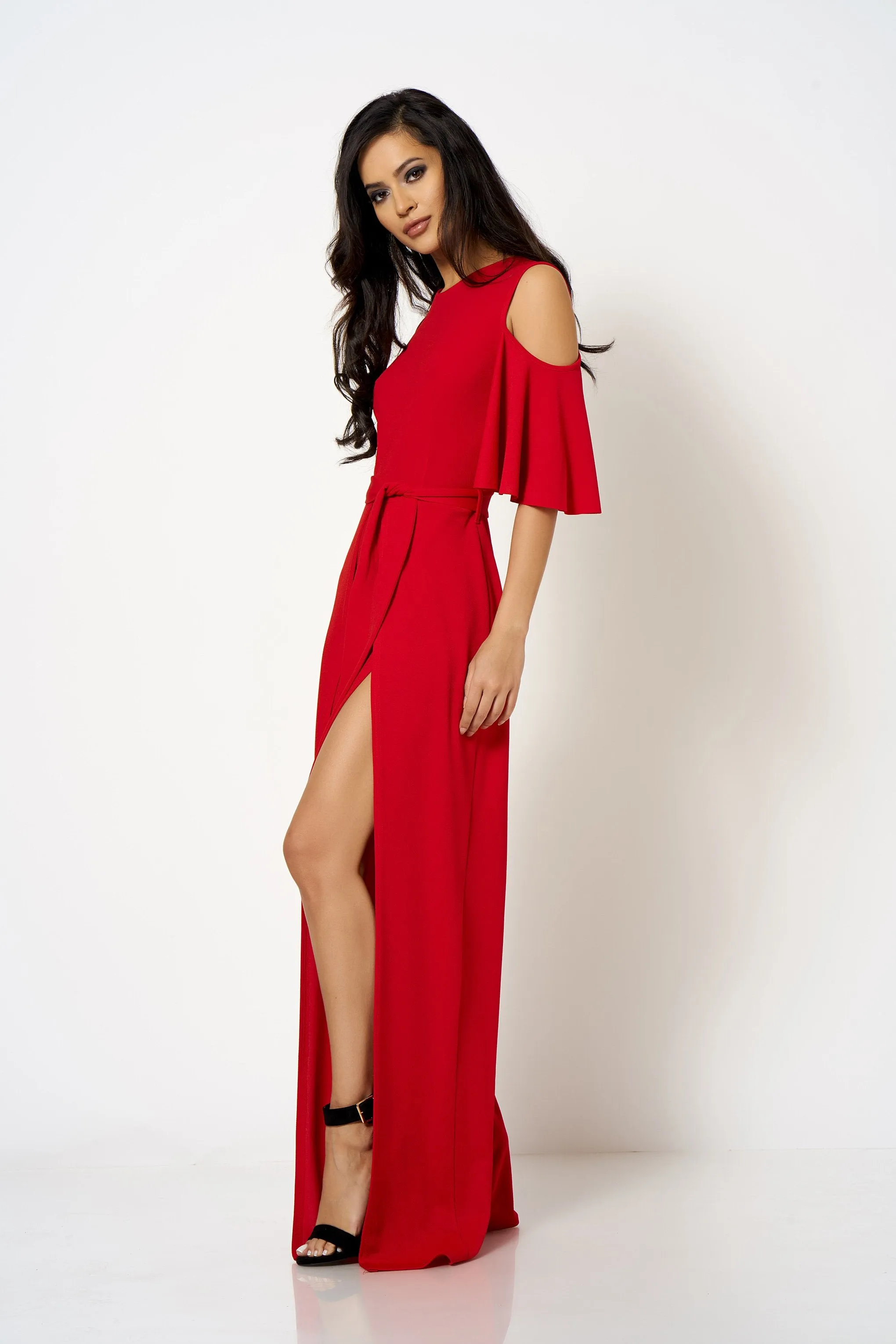 Red Cold Shoulder Frill Split Leg Jumpsuit