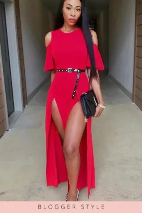 Red Cold Shoulder Frill Split Leg Jumpsuit