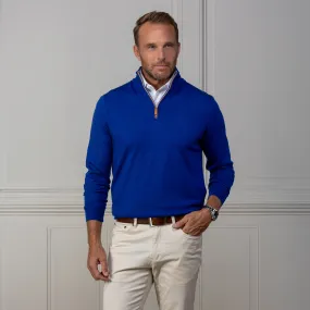 Royal Blue with Brown Suede Trim Cashmere Touch Australian Merino Quarter Zip Sweater