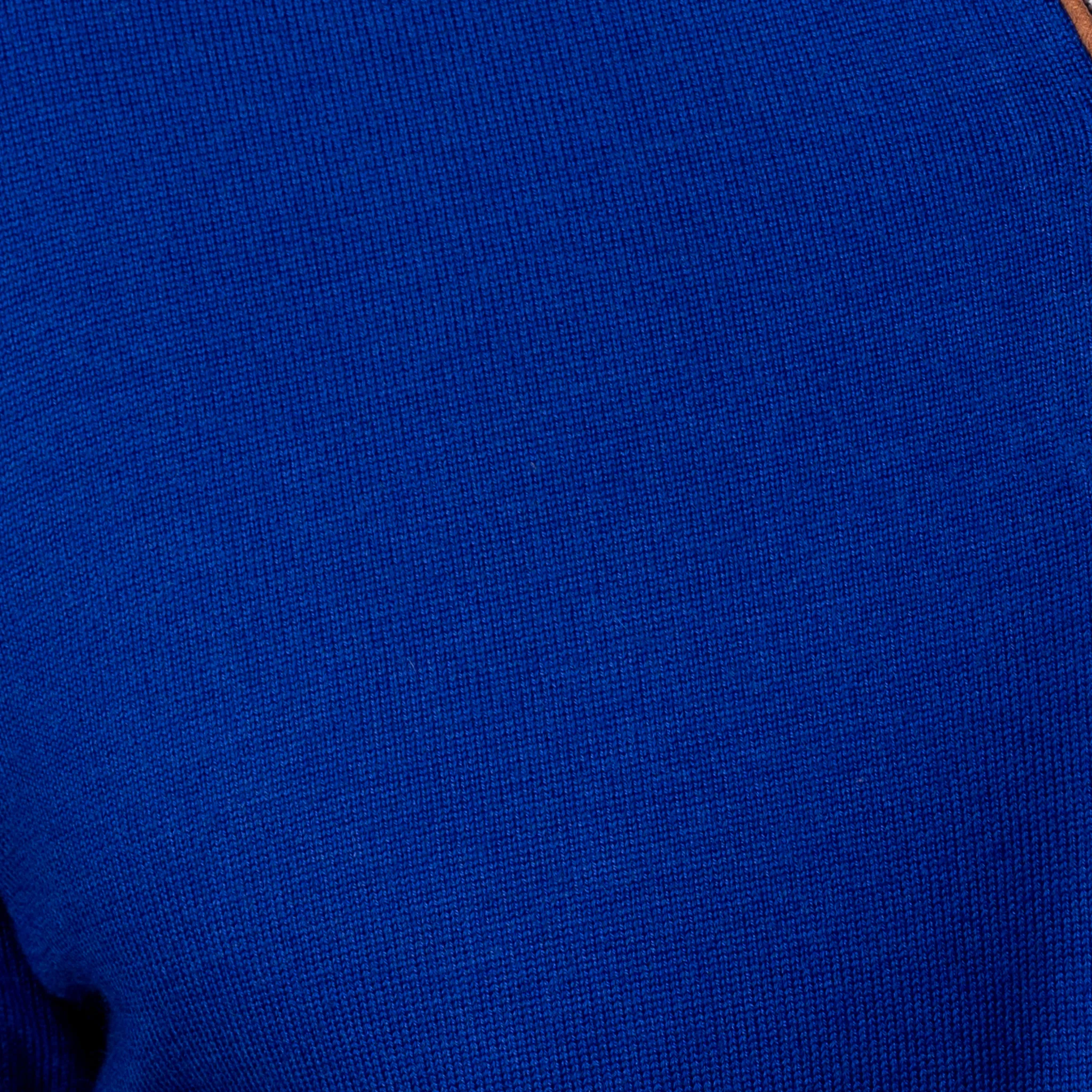 Royal Blue with Brown Suede Trim Cashmere Touch Australian Merino Quarter Zip Sweater