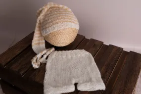 SET Mohair Pants and Striped Sleeping Hat - Milk White