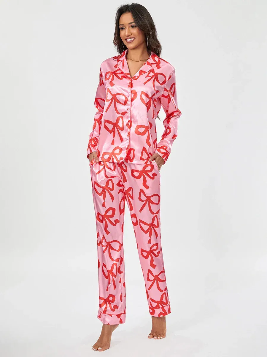 Sleeve Lapel Button Up Cute Pants Sleepwear Loungewear Long Pajamas