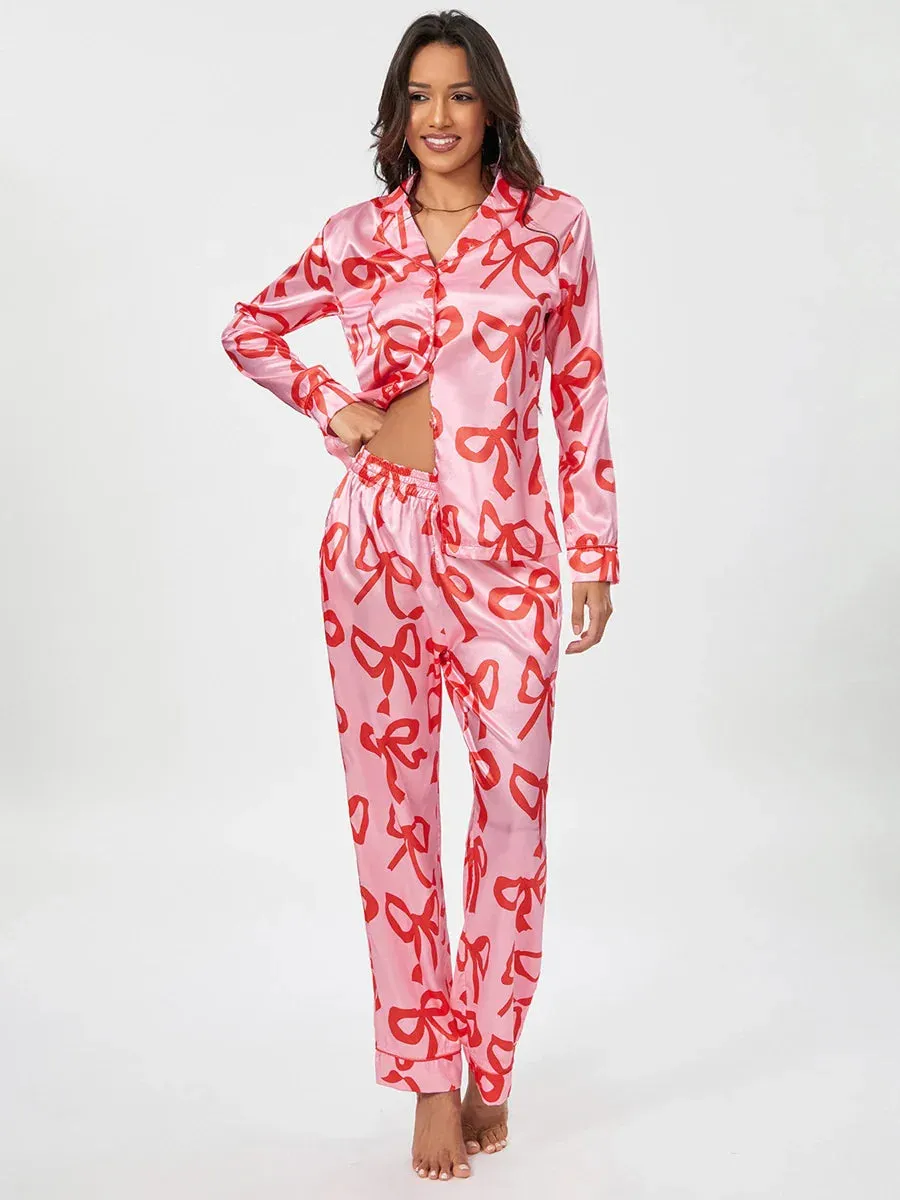 Sleeve Lapel Button Up Cute Pants Sleepwear Loungewear Long Pajamas