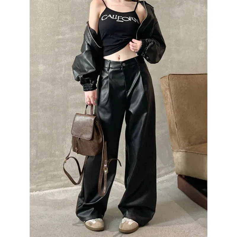 Straight Patent Leather Red Streetwear Autumn Casual Women’s Pants