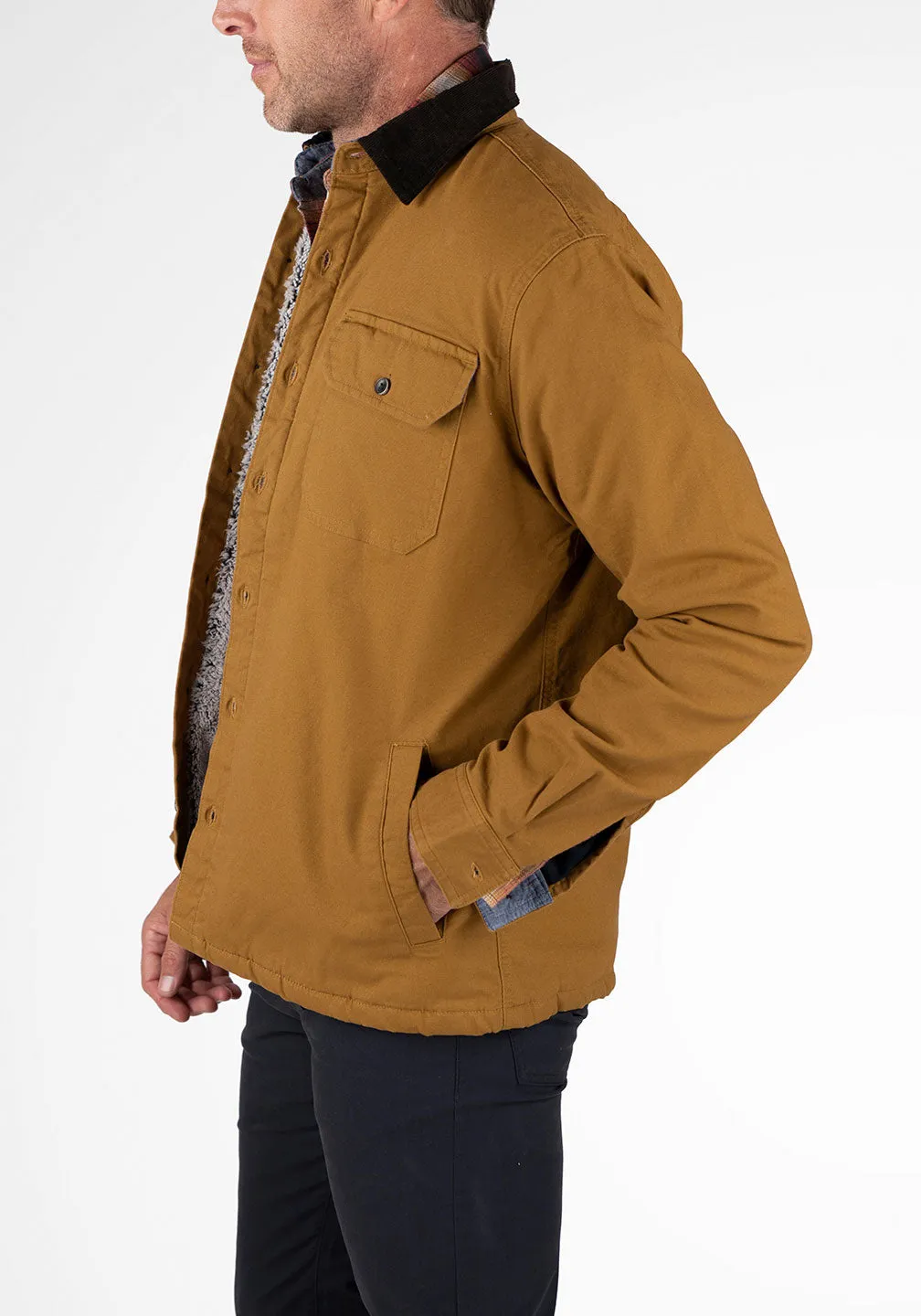 Stretch Canvas Shirt Jacket With Sherpa Lining