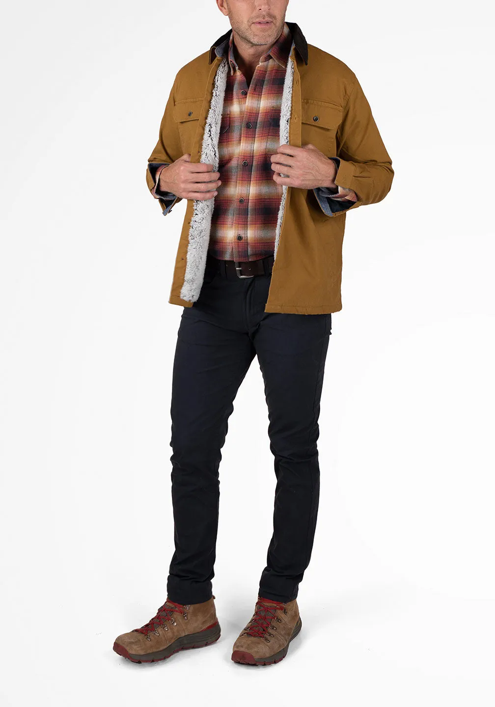 Stretch Canvas Shirt Jacket With Sherpa Lining