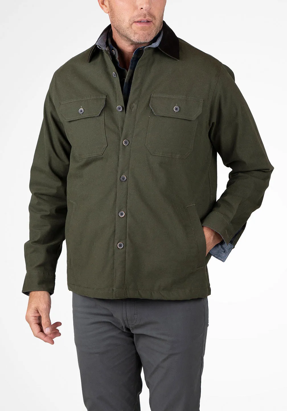 Stretch Canvas Shirt Jacket With Sherpa Lining