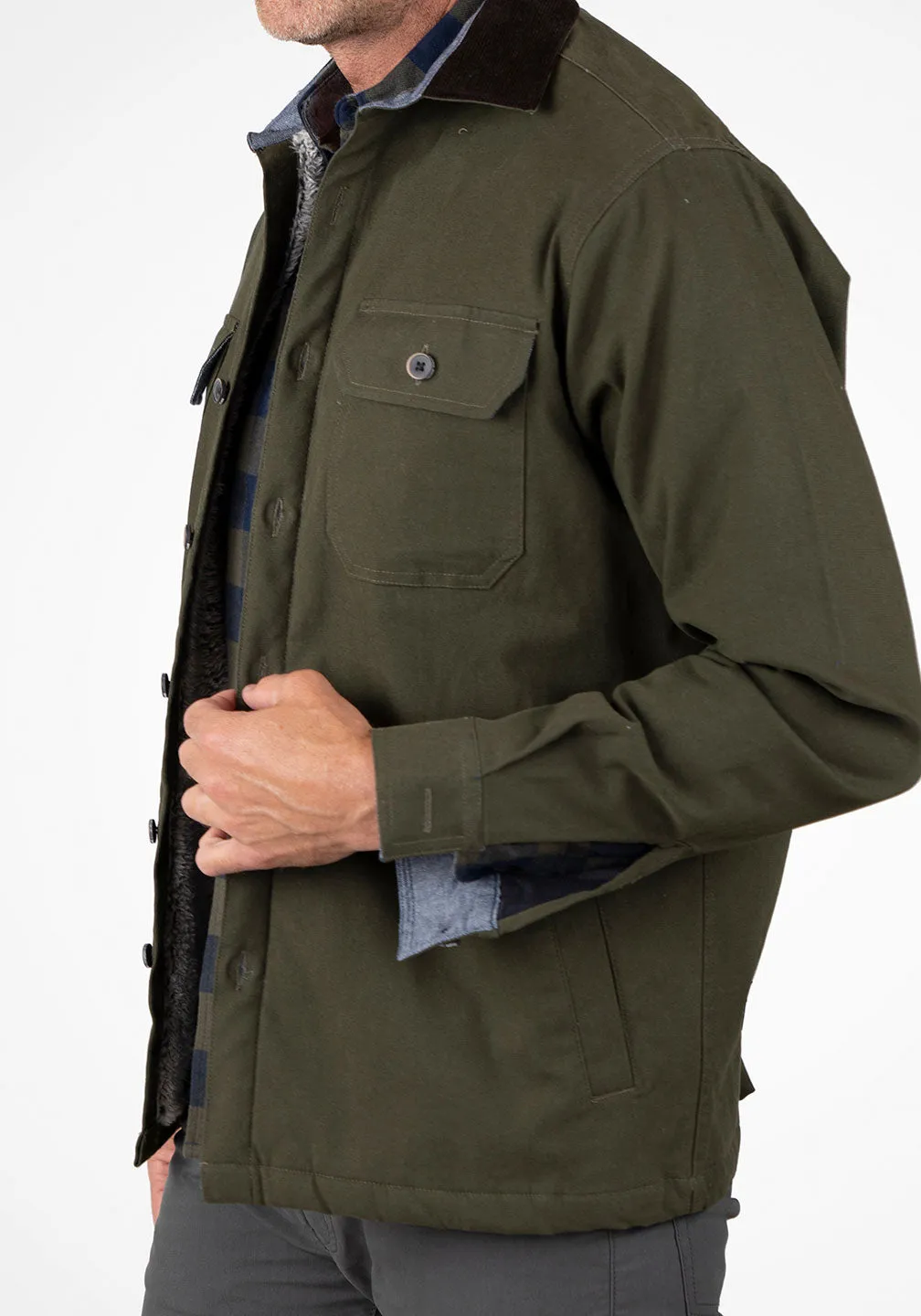 Stretch Canvas Shirt Jacket With Sherpa Lining