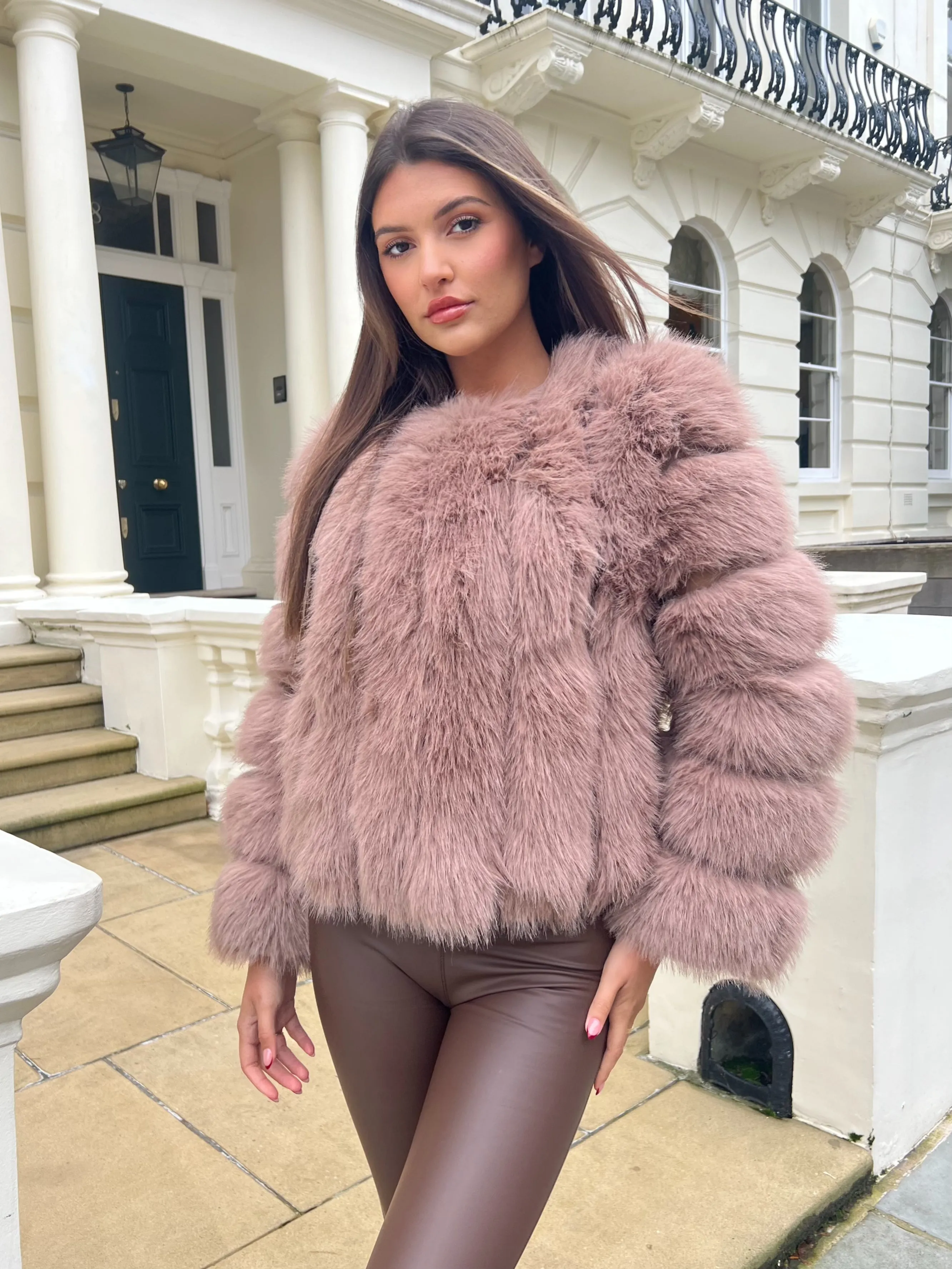 Taupe Vertical Design Faux Fur Coat