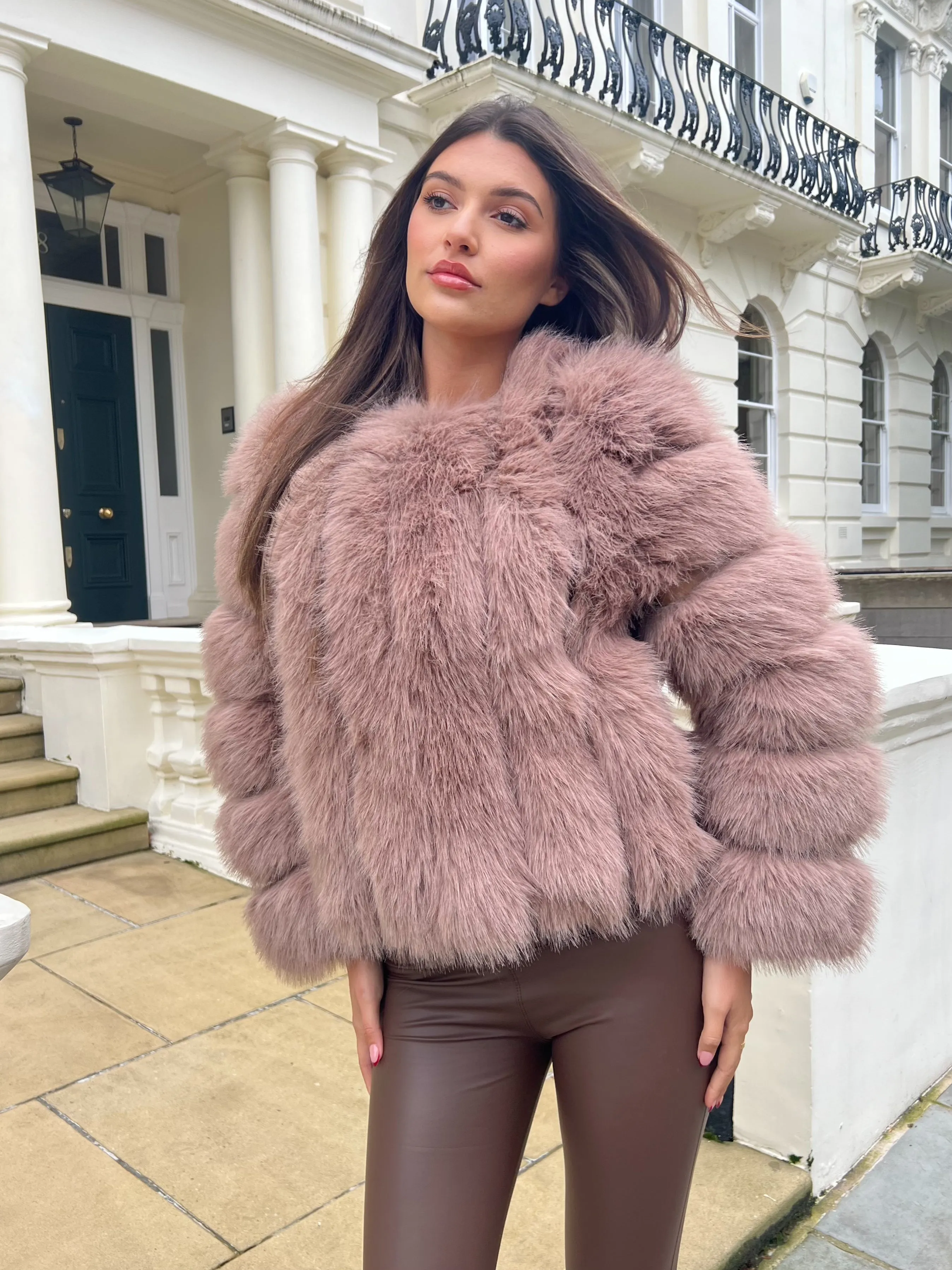 Taupe Vertical Design Faux Fur Coat