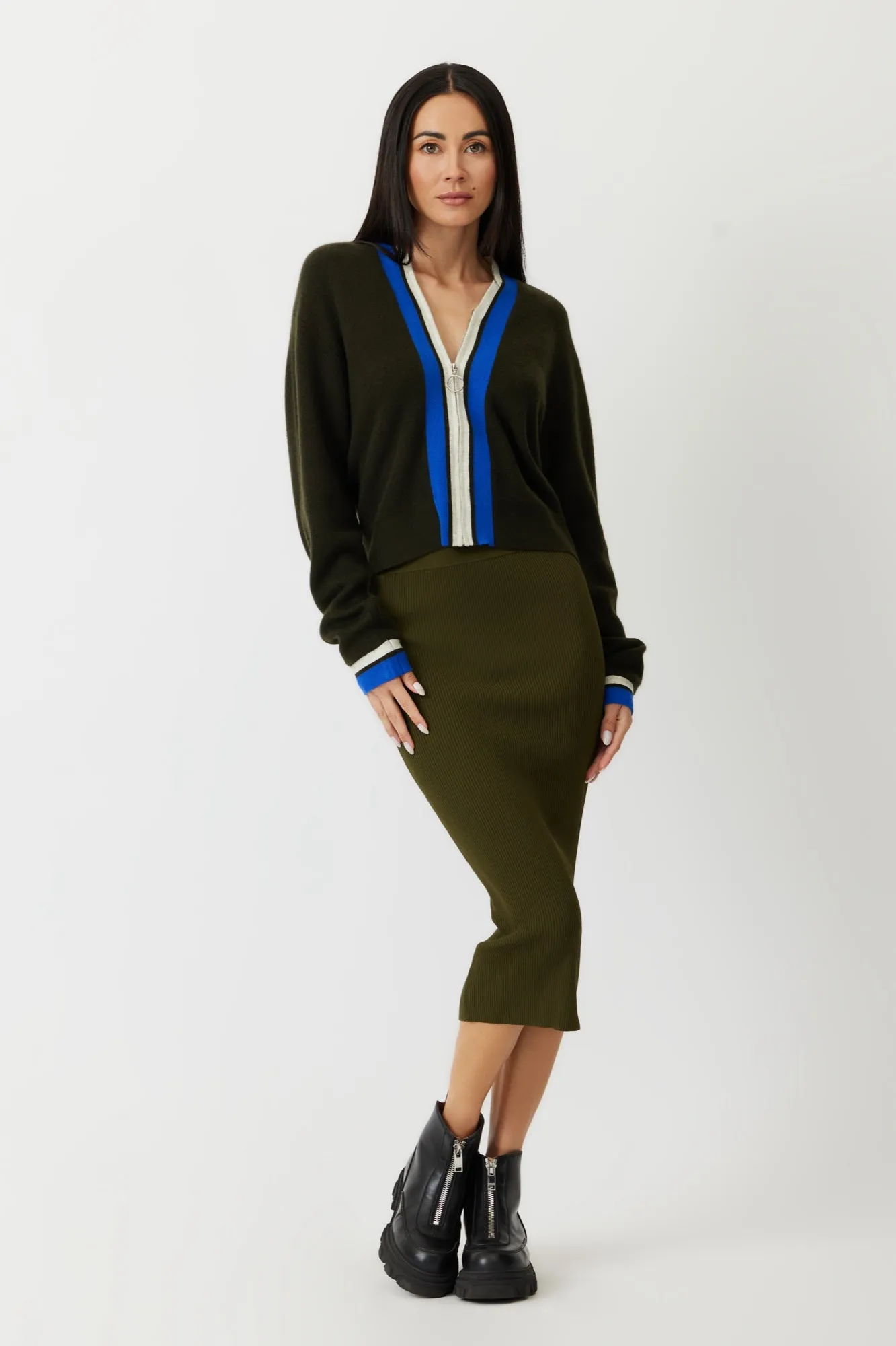 The Holbrook - Army Green Cashmere Zip Cardigan