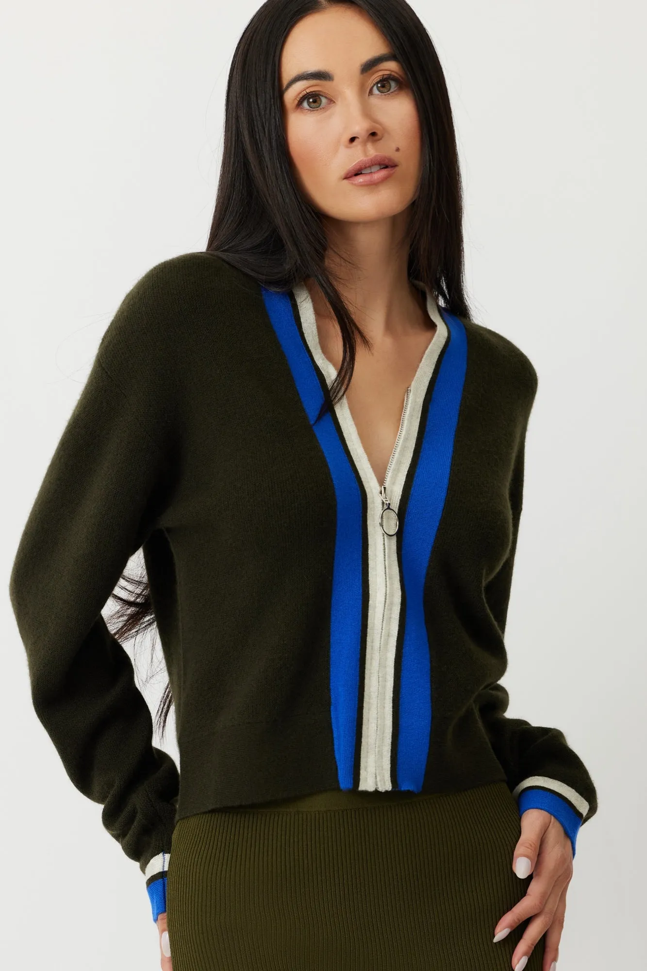 The Holbrook - Army Green Cashmere Zip Cardigan