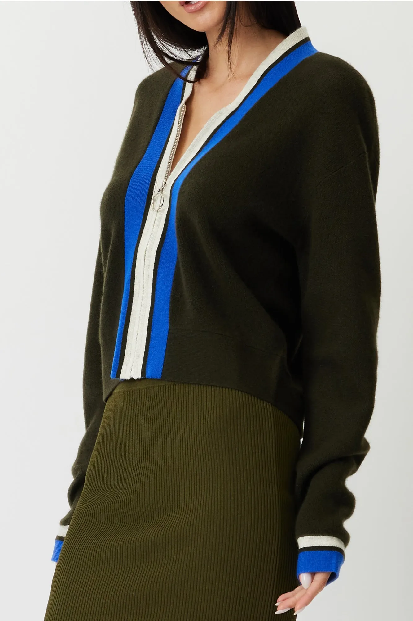 The Holbrook - Army Green Cashmere Zip Cardigan