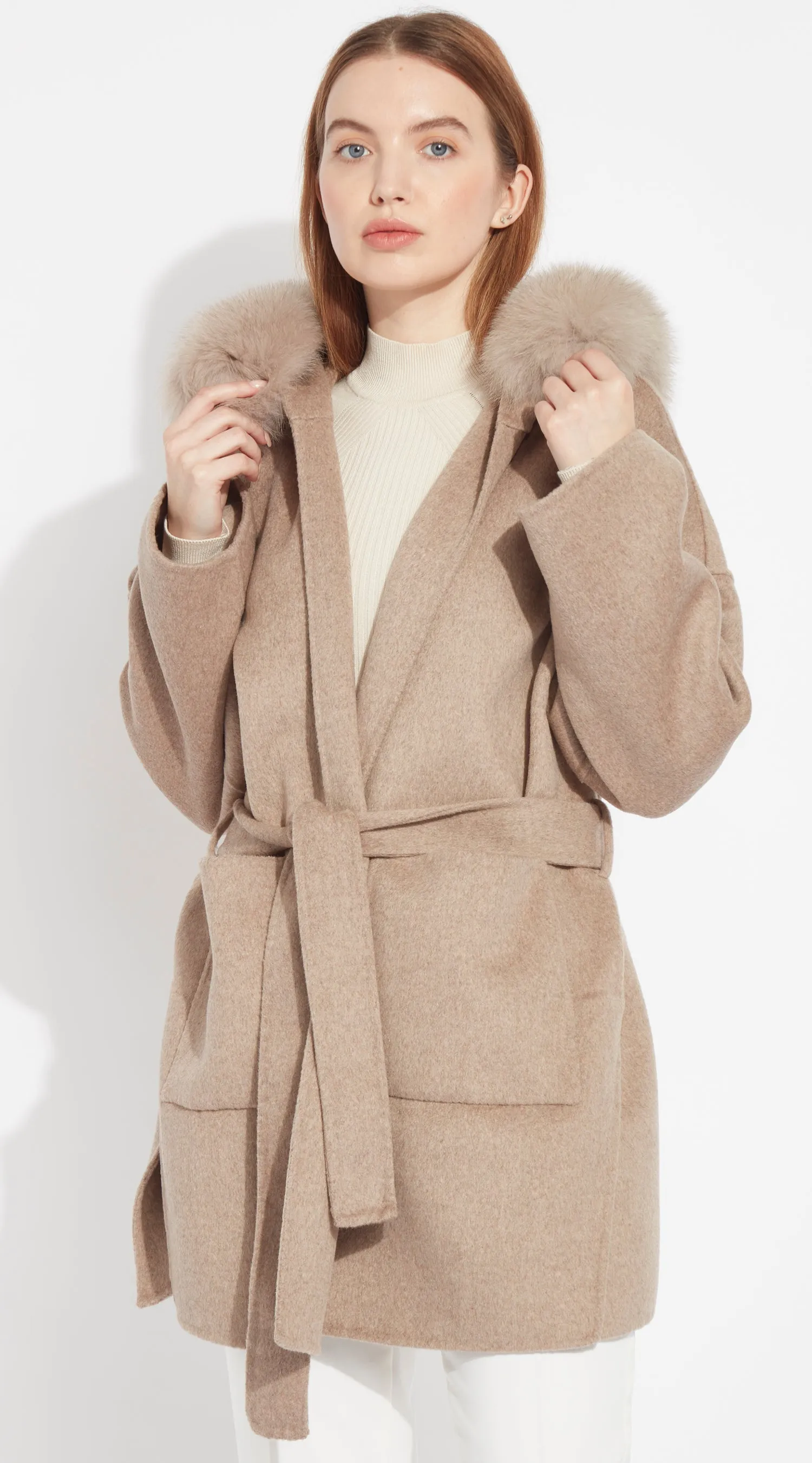 The London Cashmere & Fox Fur Belted Coat - Taupe