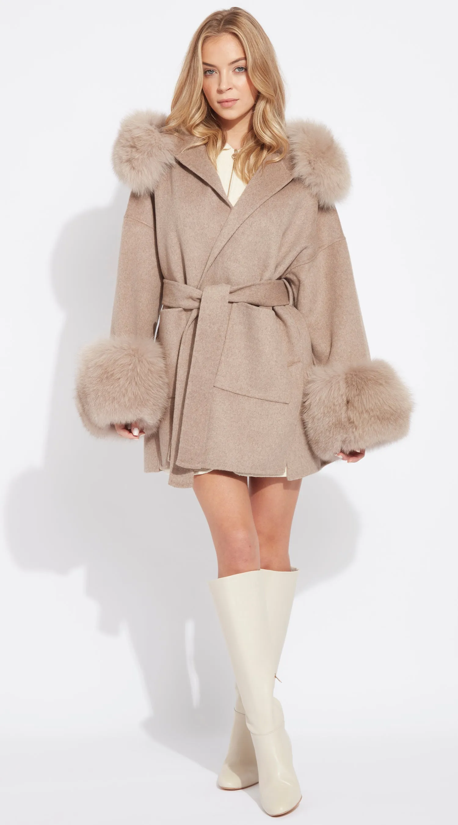 The London Cashmere & Fox Fur Belted/Cuffed Coat - Taupe