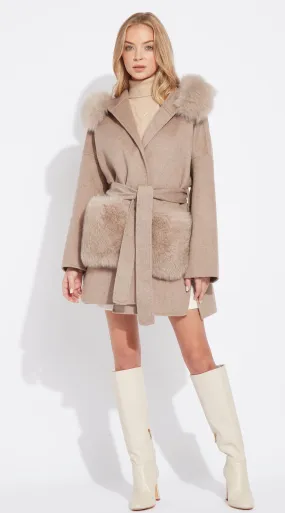 The London Cashmere & Fox Fur Hood & Pockets Belted Coat - Taupe