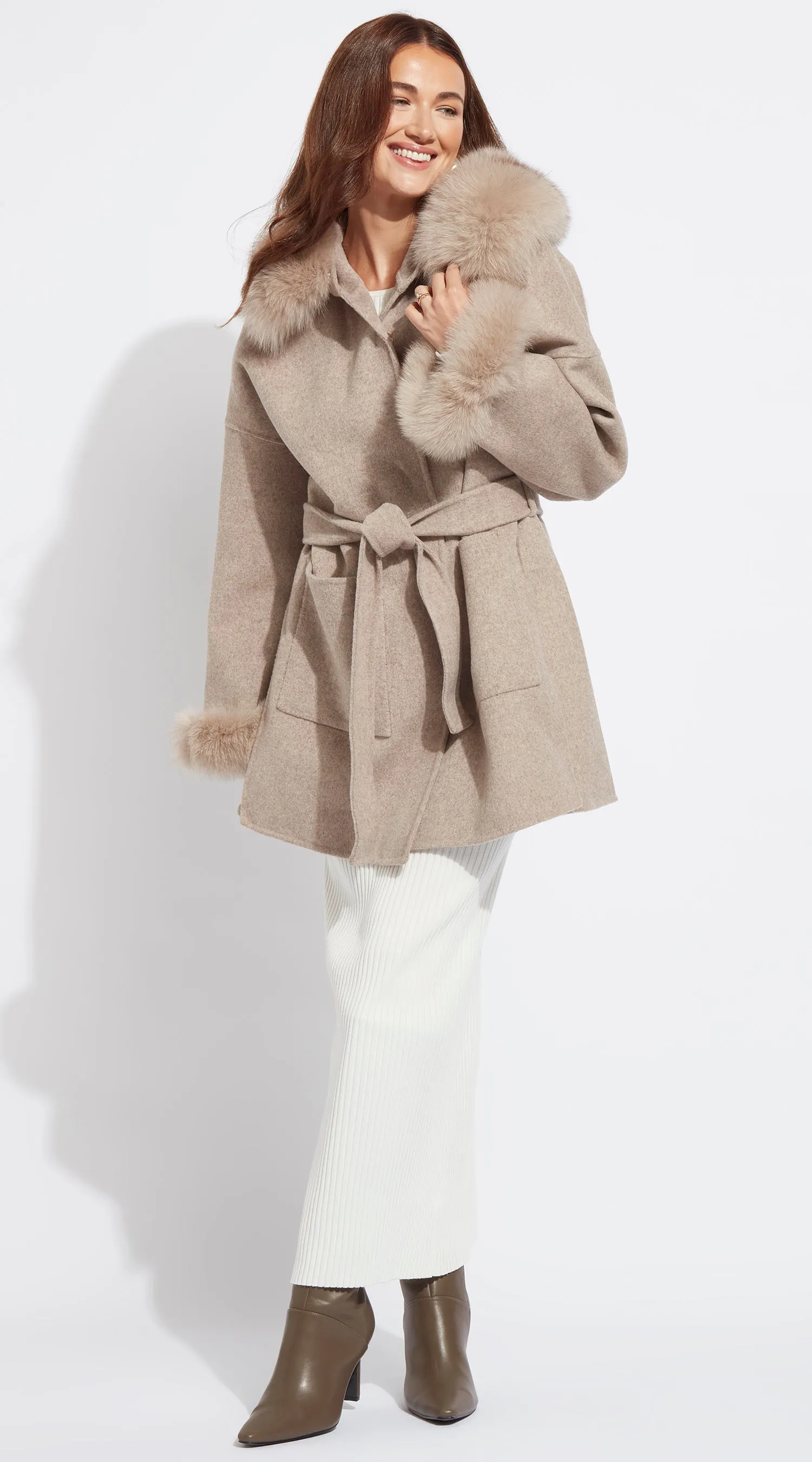 The London Cashmere & Fur Cuffed Belted Coat - Taupe