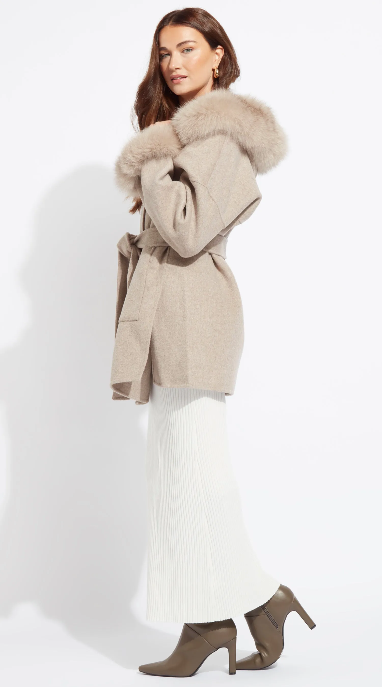 The London Cashmere & Fur Cuffed Belted Coat - Taupe