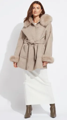 The London Cashmere & Fur Cuffed Belted Coat - Taupe