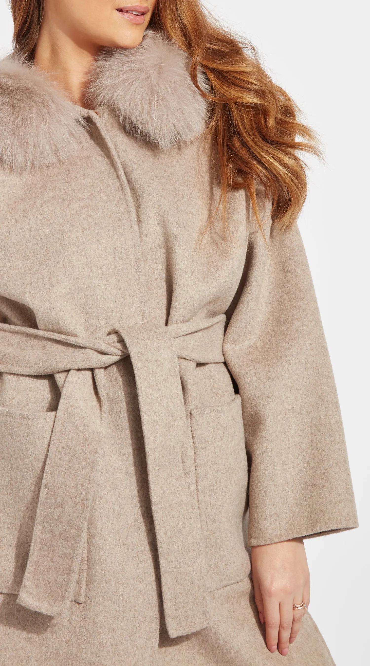 The Midi London Cashmere & Fox Fur Belted Coat - Taupe