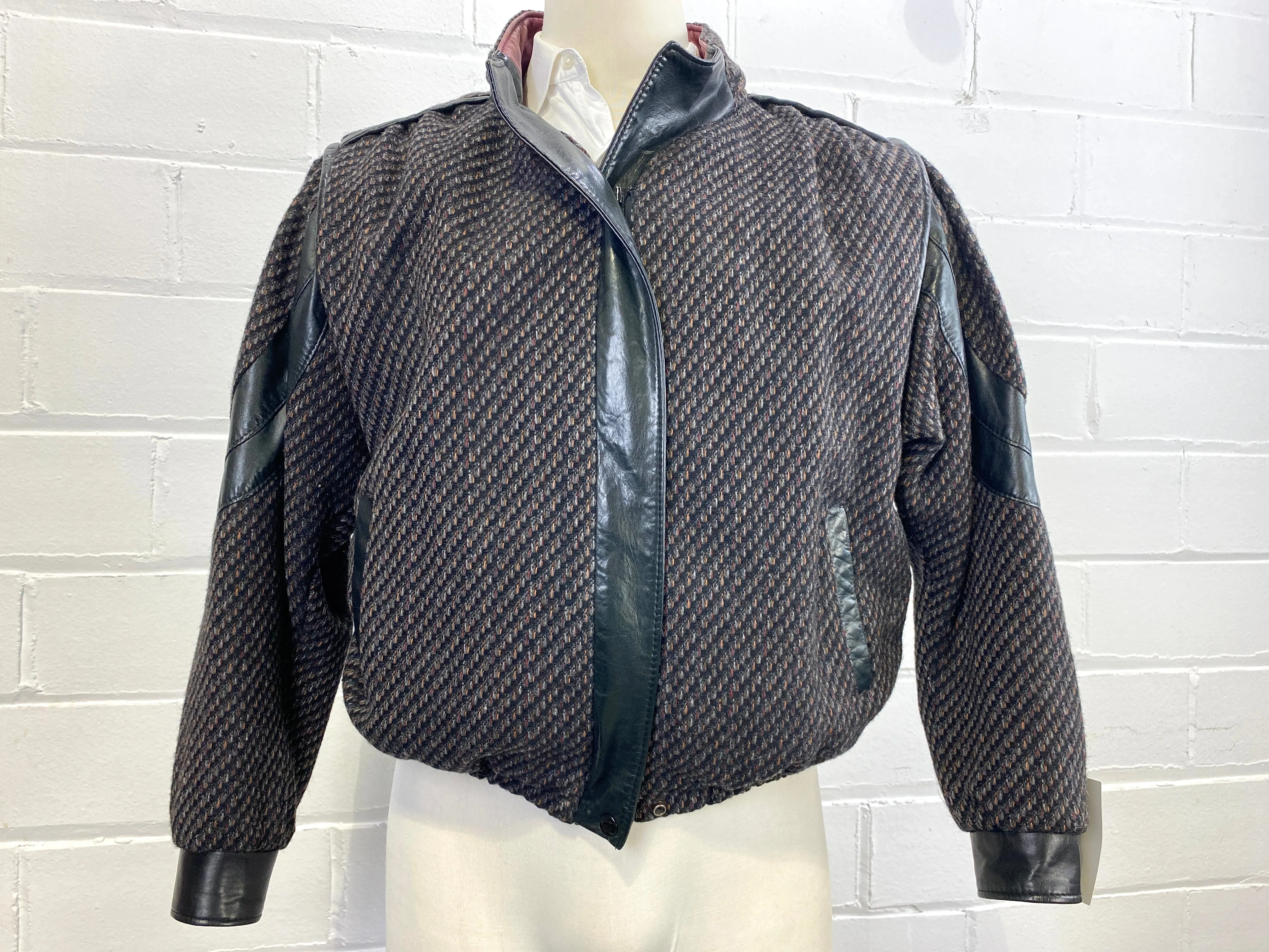 Vintage 1980s Men's Black Tweed Bomber Jacket with Leather Trim, Leo Chevalier