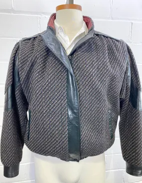 Vintage 1980s Men's Black Tweed Bomber Jacket with Leather Trim, Leo Chevalier