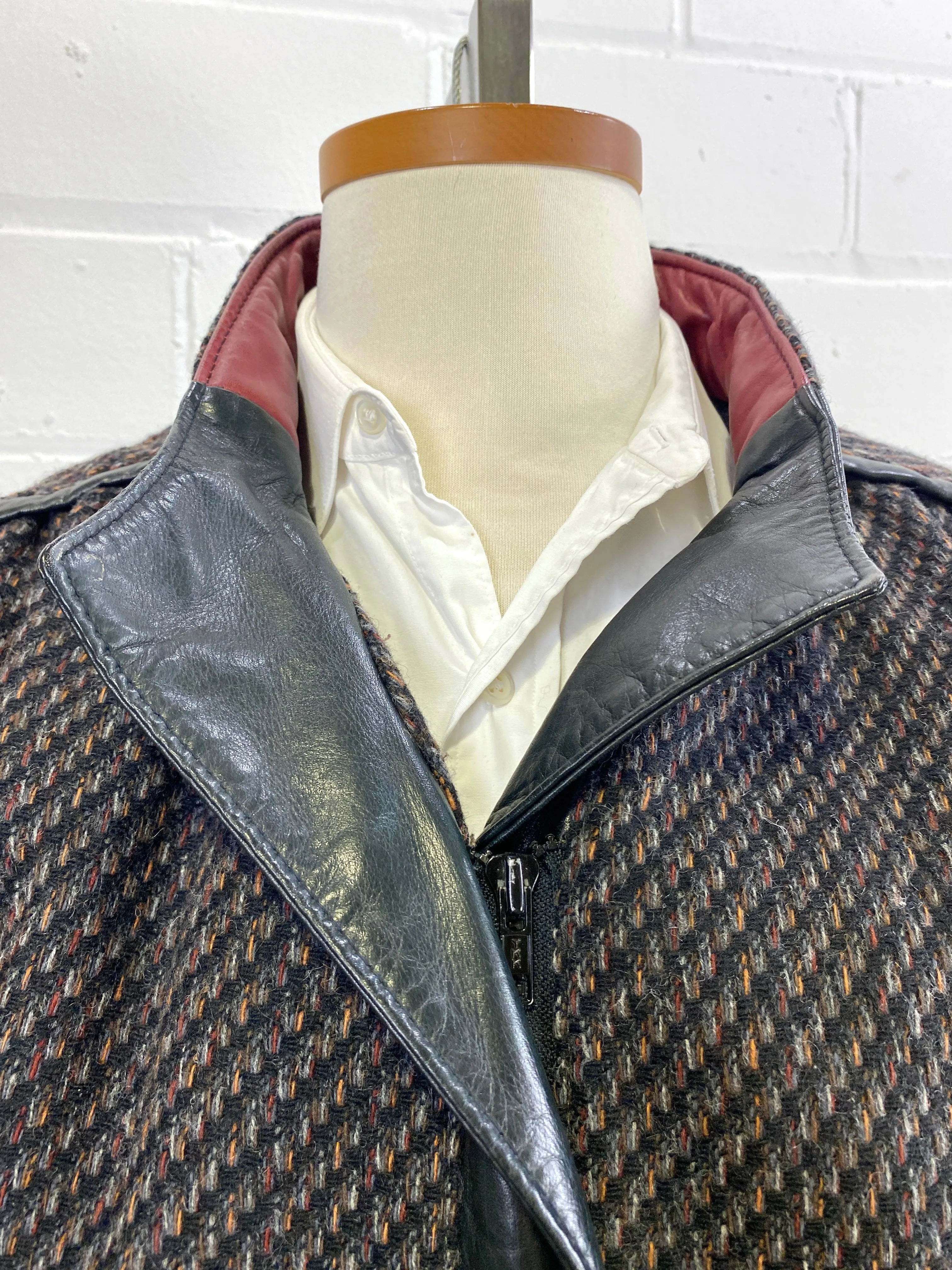 Vintage 1980s Men's Black Tweed Bomber Jacket with Leather Trim, Leo Chevalier