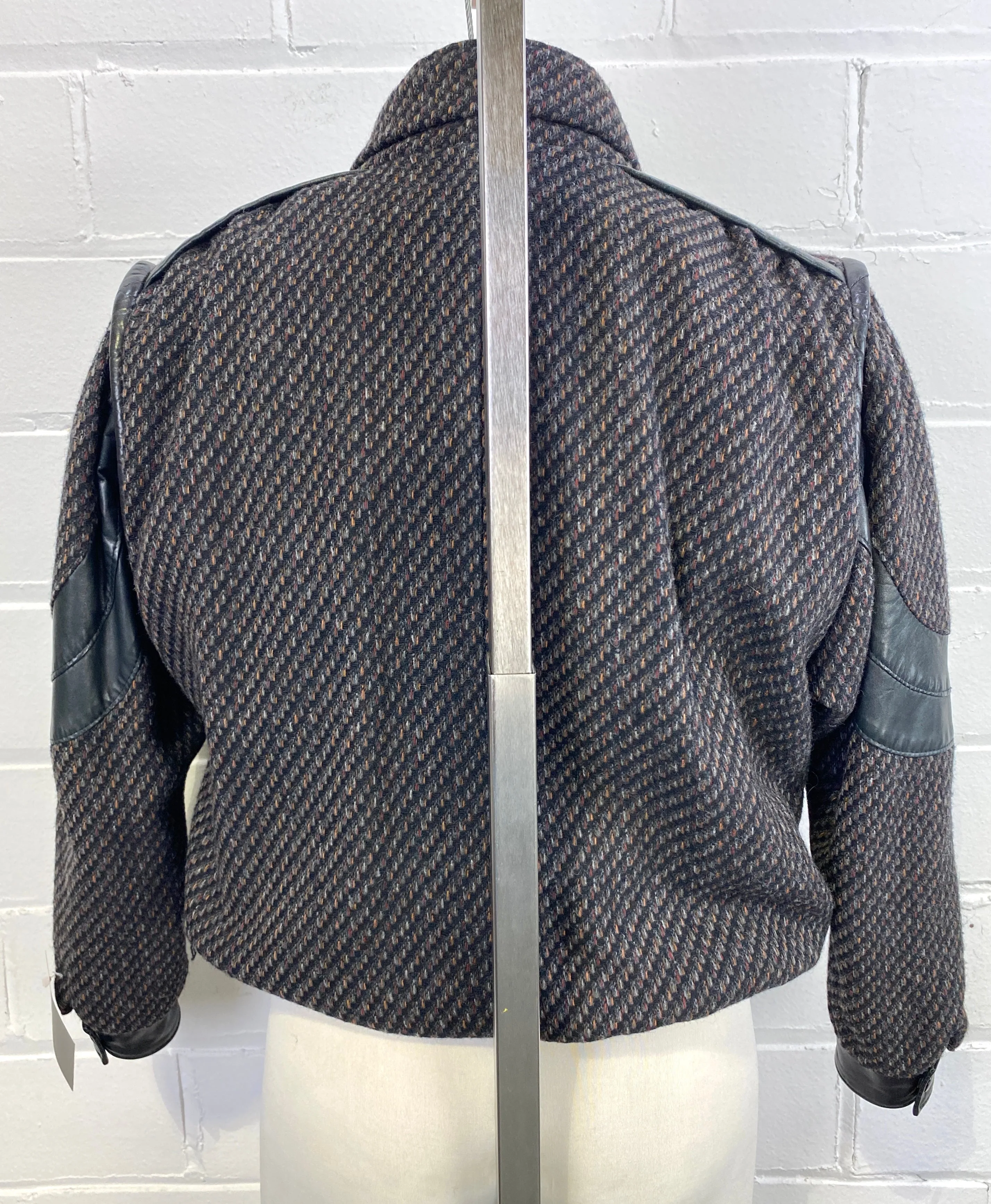 Vintage 1980s Men's Black Tweed Bomber Jacket with Leather Trim, Leo Chevalier