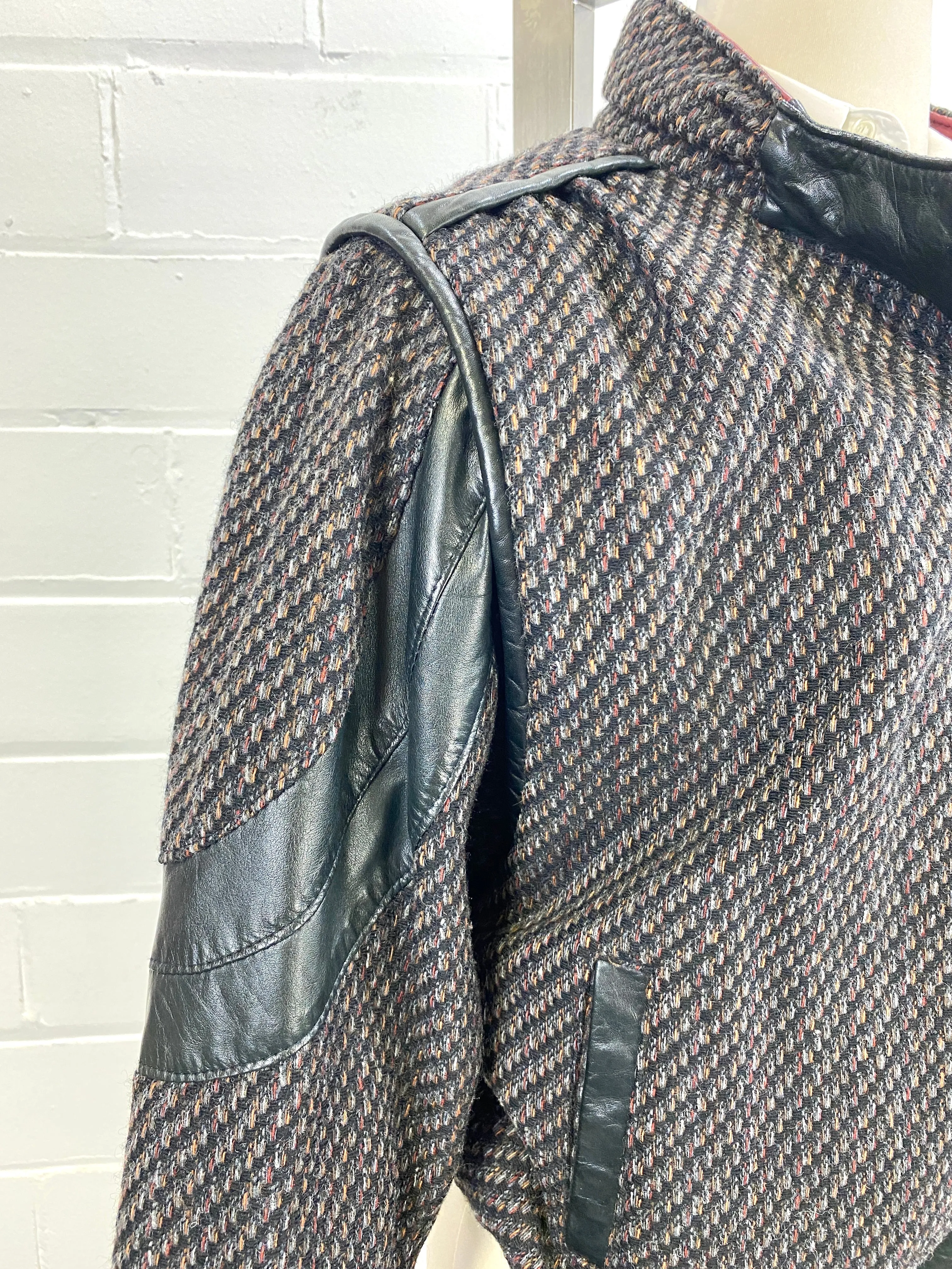 Vintage 1980s Men's Black Tweed Bomber Jacket with Leather Trim, Leo Chevalier