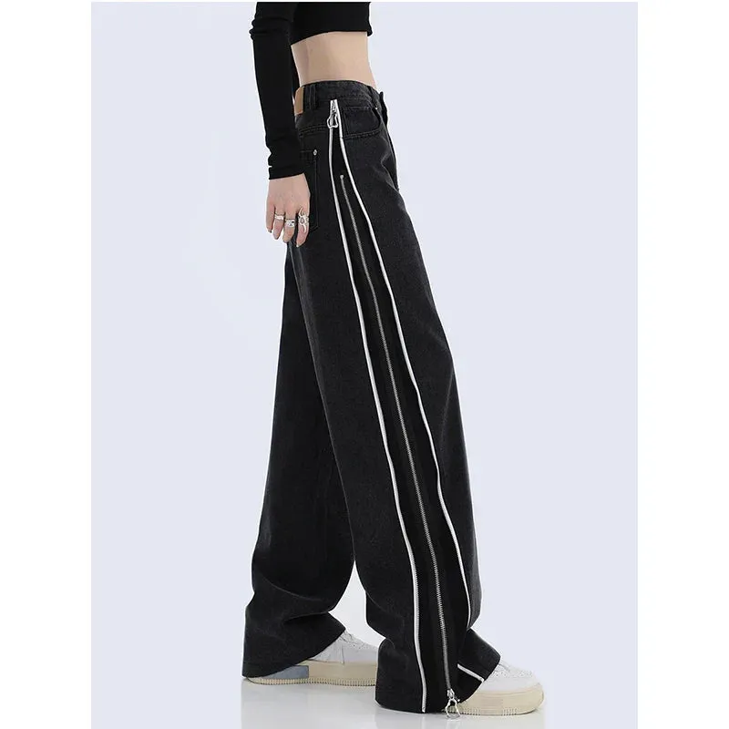 Vintage Black High Waist Straight Denim Pants with Zipper