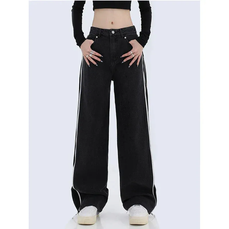 Vintage Black High Waist Straight Denim Pants with Zipper