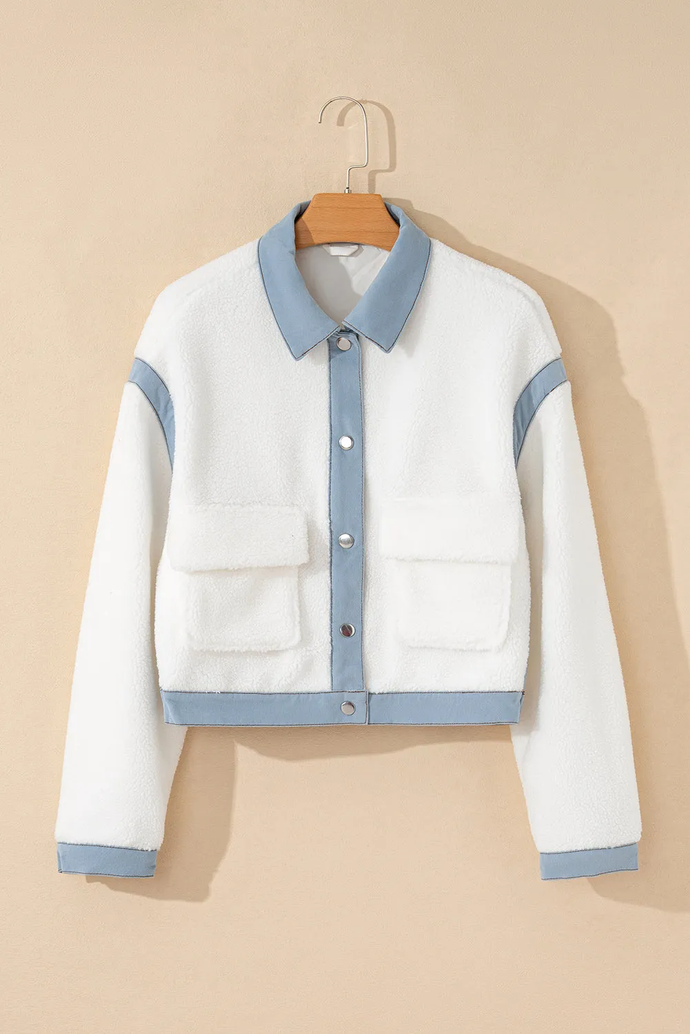 White Contrast Trim Buttoned Sherpa Jacket