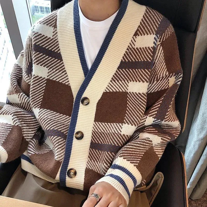 Wiaofellas  -  Autumn Men's Luxury Knitted Plaid Printed Buttons Cardigan Sweater Long Sleeve Streetwear Leisure Coat Fashion Check Knitwear