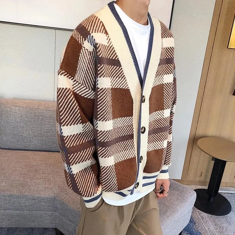 Wiaofellas  -  Autumn Men's Luxury Knitted Plaid Printed Buttons Cardigan Sweater Long Sleeve Streetwear Leisure Coat Fashion Check Knitwear